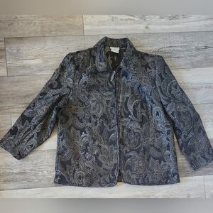 BONWORTH Women's Vintage Blue Gray Embroidered Floral Zip Closure Jacket